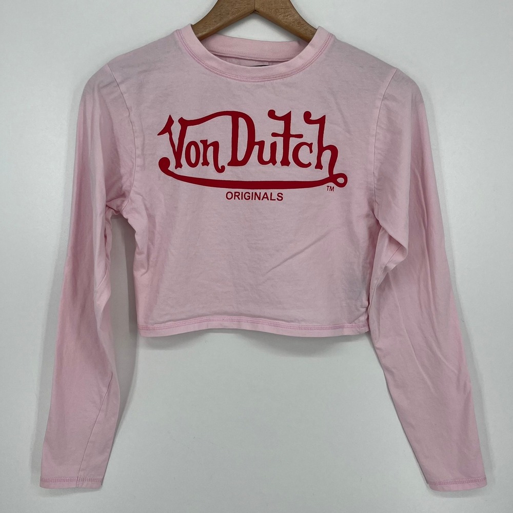 Von Dutch Originals Pink Red Logo Long Sleeve Crop Top Womens Medium